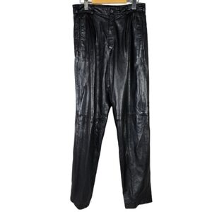 Vintage High Waist Black Leather Pant Pleated Front Taper Leg Lined Waist 28.5"